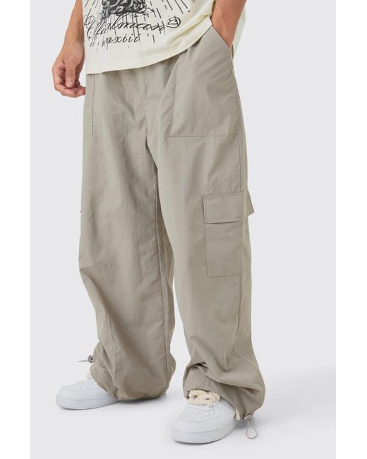 BoohooMAN Gray Elastic Waist Cargo Pocket Parachute Pants for men