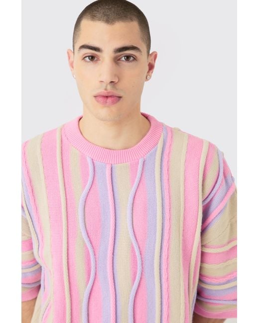 BoohooMAN Pink Oversized 3d Jacquard Knit T-shirt for men