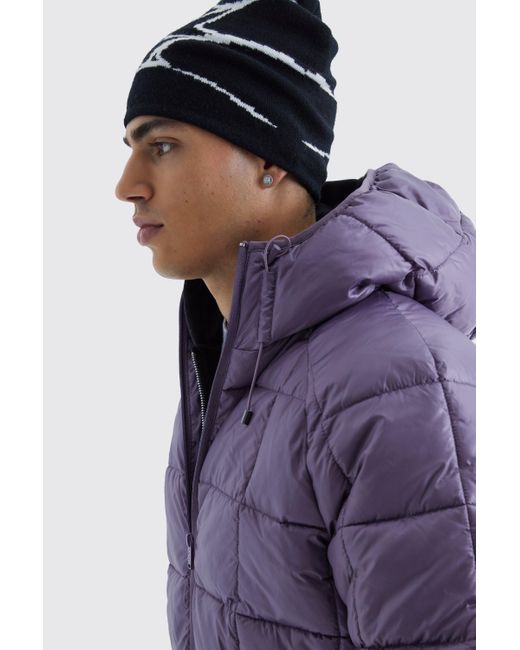 BoohooMAN Purple Boxy Square Quilted Puffer With Hood for men