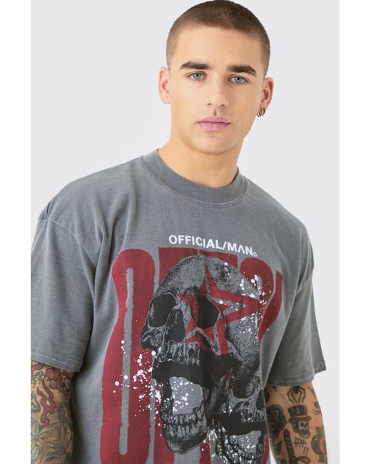 Oversized Extended Neck Ofcl Skull Wash T-Shirt Boohoo de color Gray