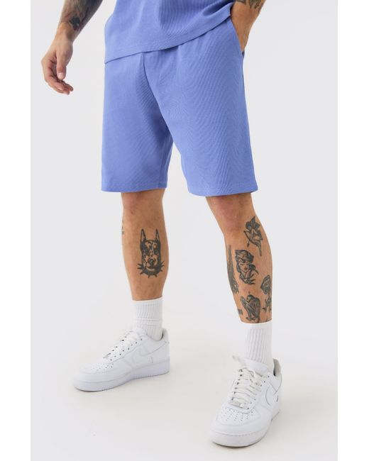 BoohooMAN Blue Loose Fit Mid Length Heavyweight Ribbed Shorts for men