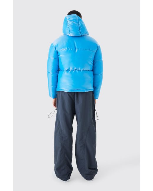 BoohooMAN Blue Liquid Metallic Nylon Puffer Jacket for men