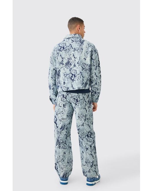 Boohoo Blue Boxy Fit Fabric Interest Distressed Jean Jacket