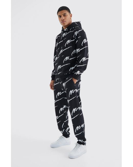 BoohooMAN Blue Man Signature All Over Print Hoodie Tracksuit for men