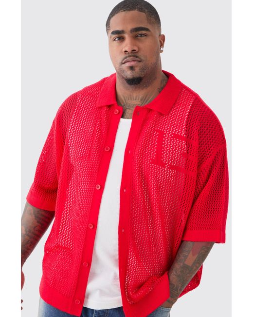 BoohooMAN Plus Short Sleeve Open Stitch Varsity Knit Shirt In Red for men