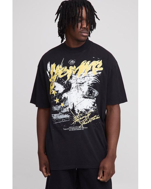 BoohooMAN Black Tall Oversized Extended Neck Acid Wash Eagle Print T-Shirt for men