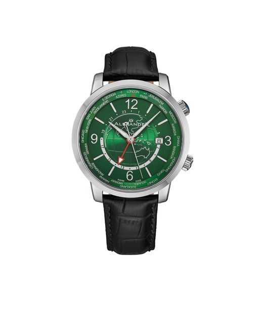 BoohooMAN Green Alexander Alexander A171a Journeyman 2 Luxury 42mm World Traveler Watch With Dark Blue Enamel Earth Pattern Crown for men