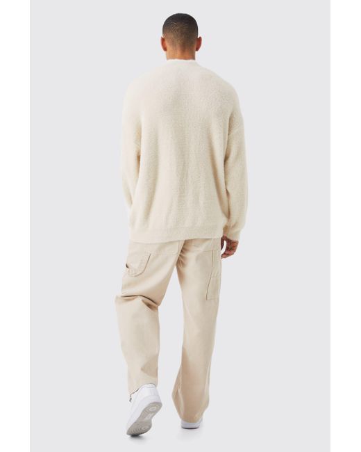 BoohooMAN Natural Oversized Fluffy Funnel Neck Jumper With Tipping for men