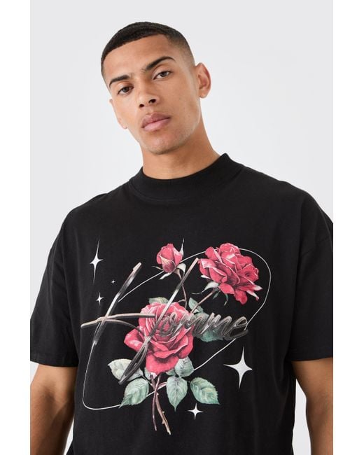 BoohooMAN Red Oversized Large Scale Rose Graphic T-shirt for men