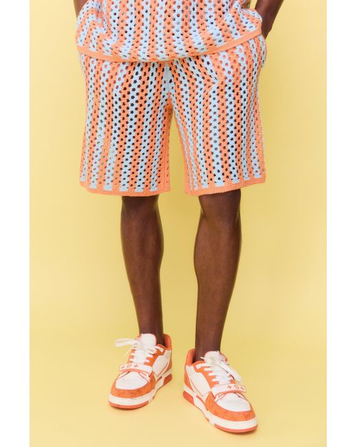 BoohooMAN Orange Relaxed Open Stitch Stripe Knitted Shorts for men