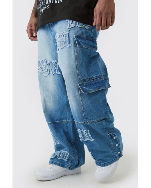BoohooMAN Blue Plus Baggy Rigid Bm Applique Multi Pocket Cargo Jeans for men