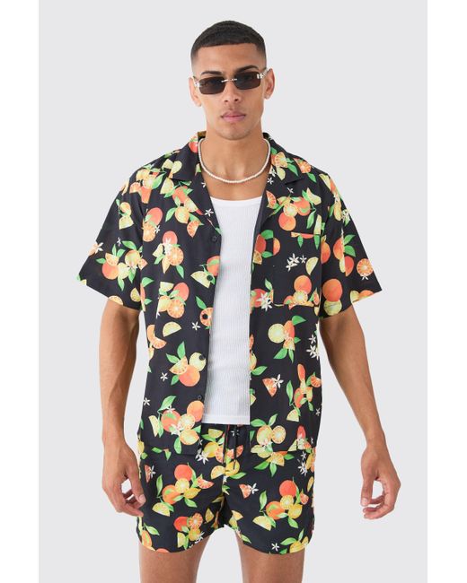 BoohooMAN Black Fruit Shirt & Swim Trunks Set for men