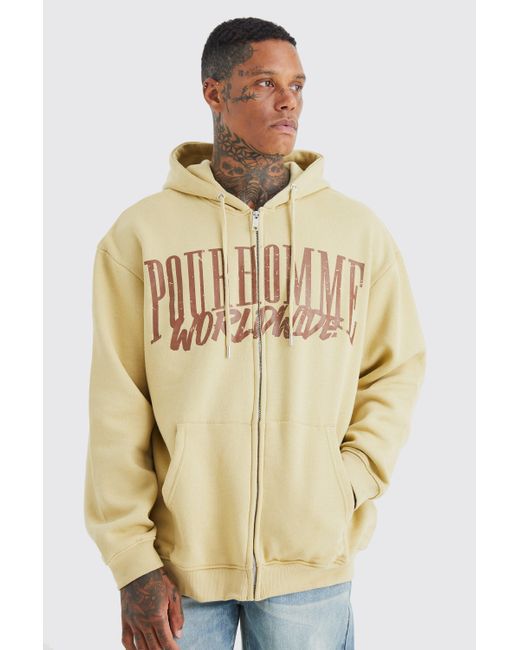 BoohooMAN Oversized Pour Homme Zip Through Hoodie in Natural for Men | Lyst