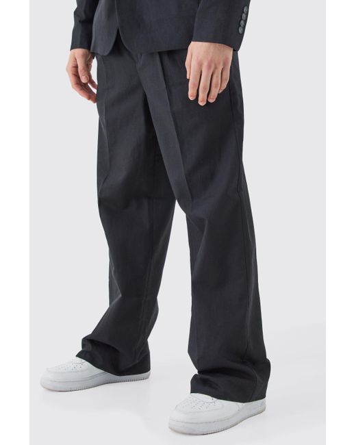 BoohooMAN Black Comfort Waistband Linen Blend Wide Leg Pants for men