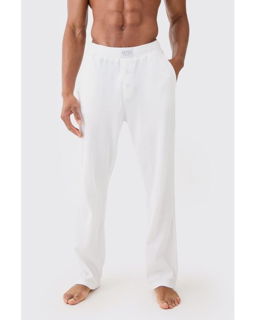 BoohooMAN Relaxed Fit Waffle Lounge Bottoms In White for men