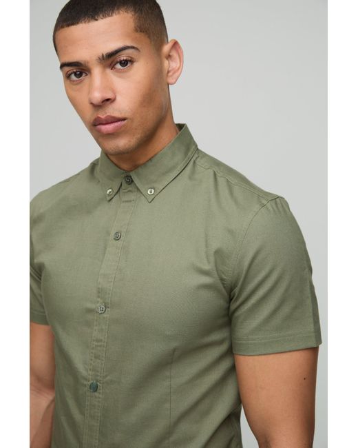 Camisa Oxford Ajustada De Manga Corta Con Cuello Y Botones Boohoo de color Green