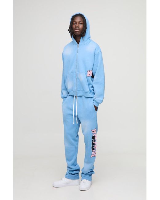 BoohooMAN Blue Worldwide Towelling Applique Zip Through Hooded Tracksuit for men