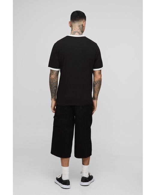 BoohooMAN Black Tall Woven Tab Overdye Carpenter Longline Jorts for men