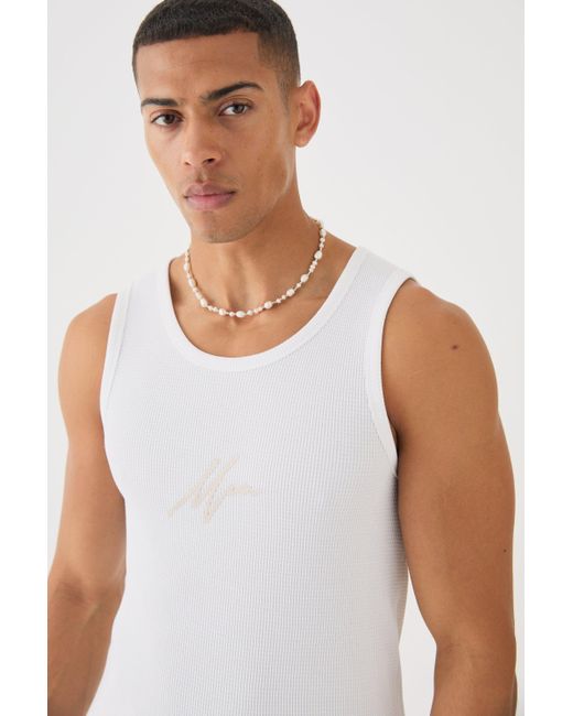 BoohooMAN White Man Signature Slim Waffle Embroidered Vest for men