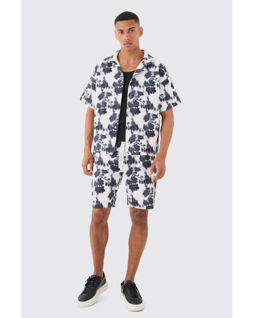 BoohooMAN Blue Boxy Abstract Floral Printed Pleated Shirt & Short for men