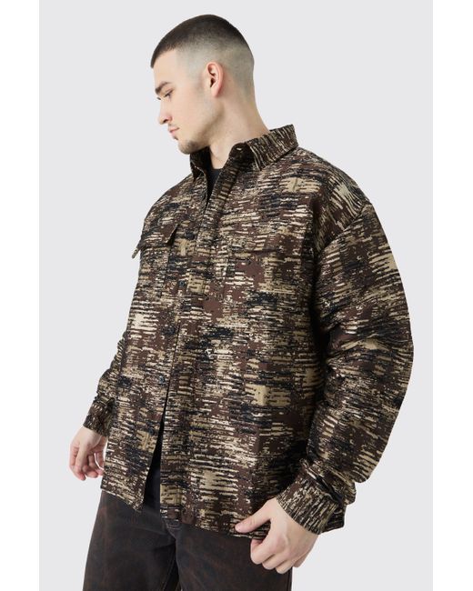 BoohooMAN Gray Tall Textured Camo Patch Pocket Overshirt for men