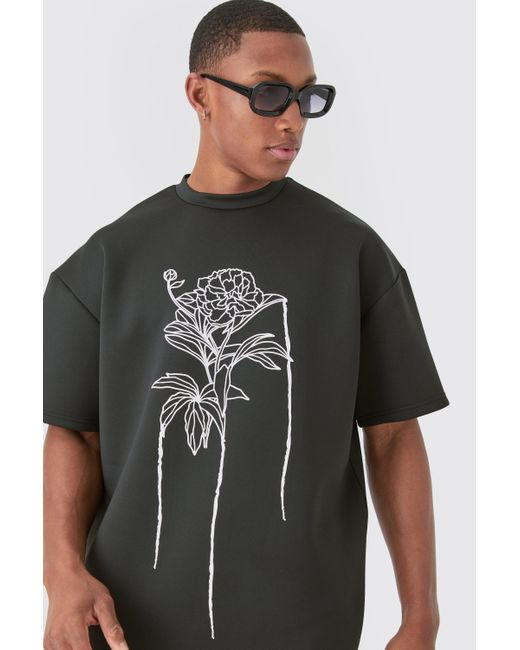 BoohooMAN Oversized Floral Line Drawing Scuba T-shirt in Black für Herren