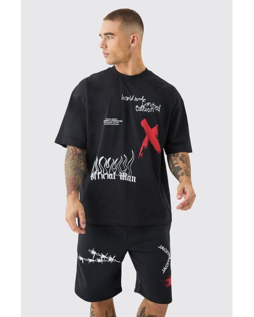 BoohooMAN Black Oversized Graffiti T-shirt And Short Set for men