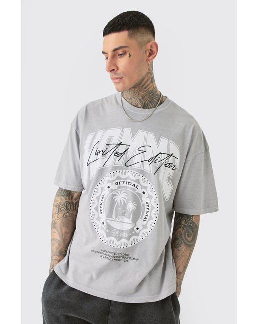 BoohooMAN Gray Tall Palm Print Graphic T-shirt In Grey for men