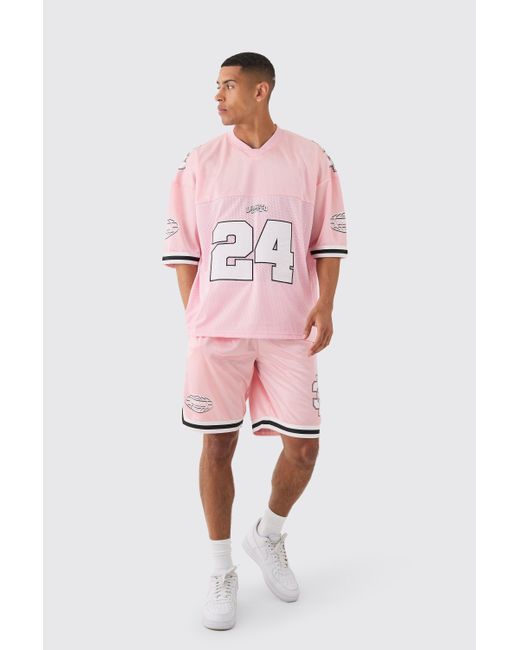 BoohooMAN Mesh & Satin Applique Baseball T-shirt & Short Set in Pink für Herren