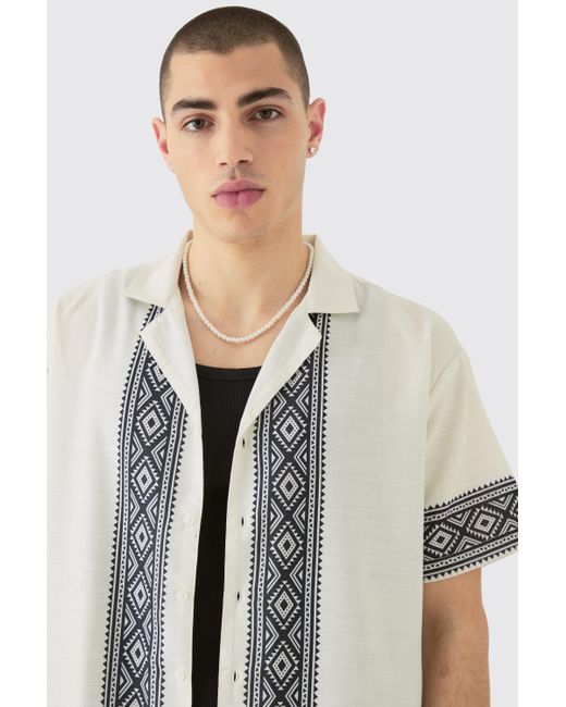 BoohooMAN White Oversized Linen Look Aztec Border Shirt for men