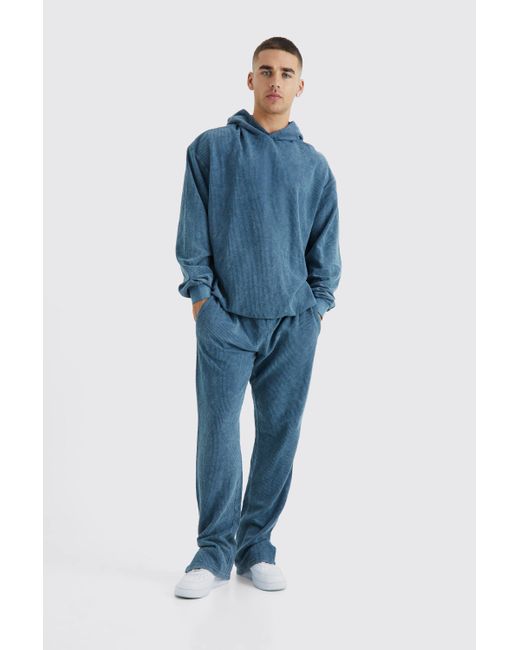 BoohooMAN Blue Oversized Washed Cord Hooded Tracksuit for men