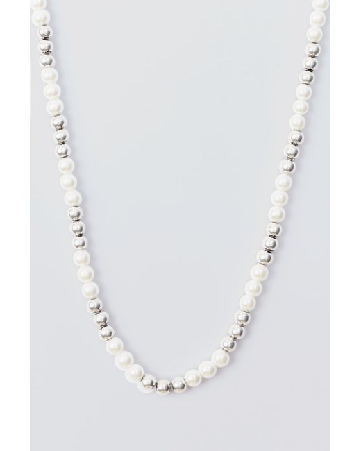 BoohooMAN White Metal Bead And Pearl Necklace for men