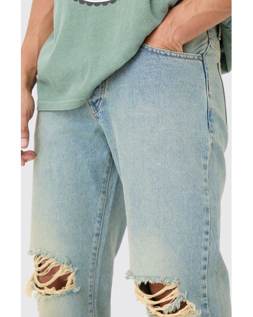 Relaxed Rigid Ripped Knee Jeans In Antique Blue Boohoo