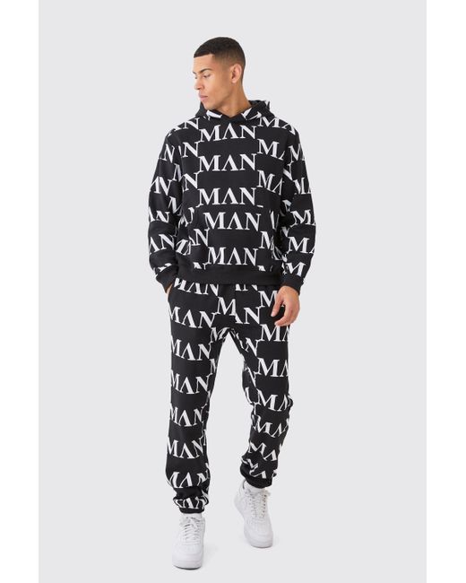 BoohooMAN Black Roman All Over Print Hooded Tracksuit for men