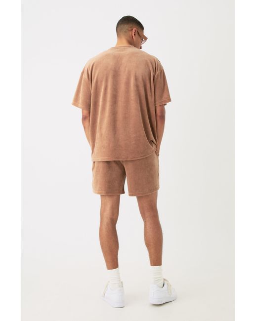 BoohooMAN Brown Velour Oversized T-shirt & Pinktuck Shorts Set for men