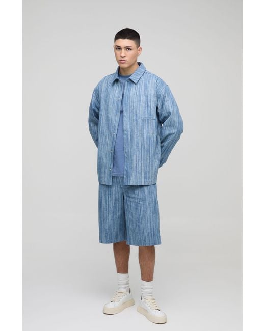 BoohooMAN Blue Oversized Concealed Placket Abstract Jean Jacket for men