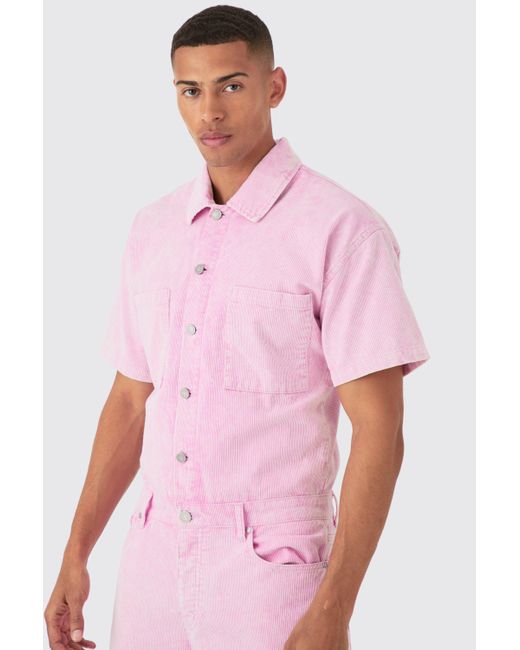 BoohooMAN Relaxed Acid Wash Corduroy Boilersuit In Pink for men
