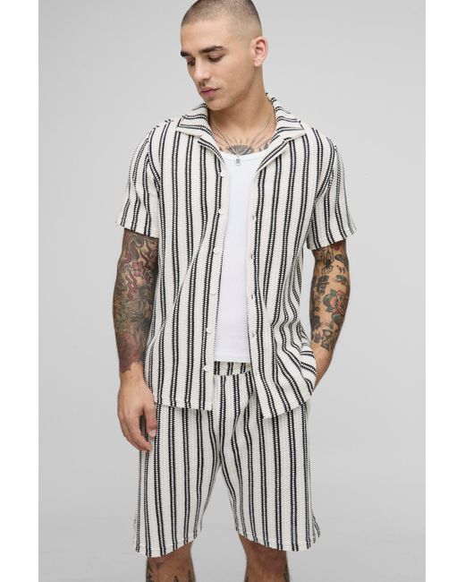 BoohooMAN White Regular Fit Textured Stripe Revere Collar Jersey Shirt And Shorts Set for men