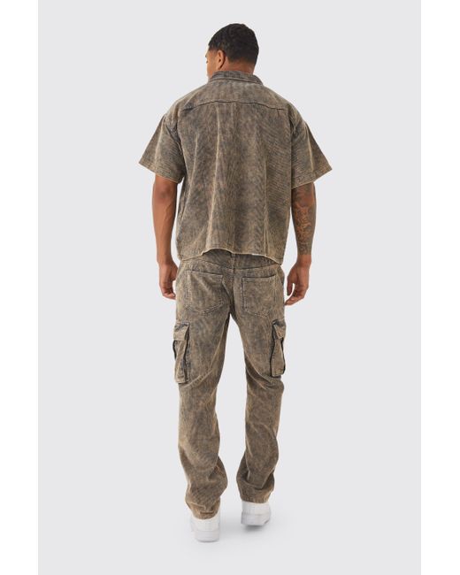 BoohooMAN Brown Boxy Short Sleeve Acid Wash Cord Shirt for men