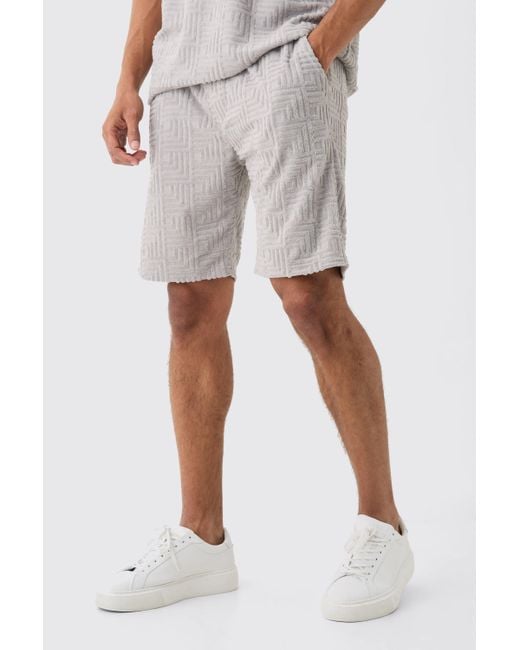 BoohooMAN White Loose Fit Geo Towelling Jacquard Shorts for men