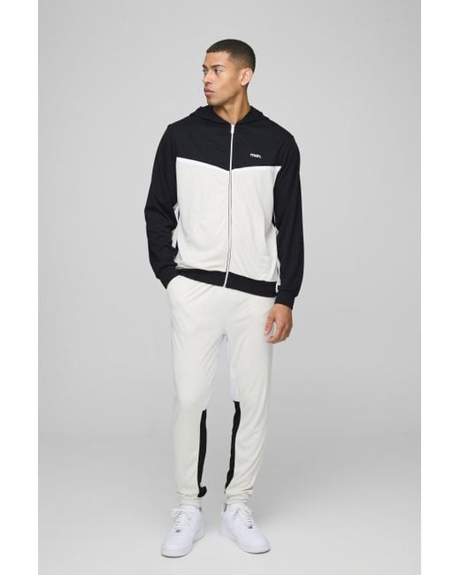 BoohooMAN Blue Regular Fit Interlock Panelled Hooded Zip Through Tracksuit for men