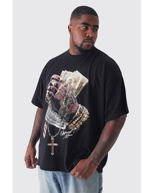 BoohooMAN Black Plus Money Hands Print Oversized T-Shirt for men