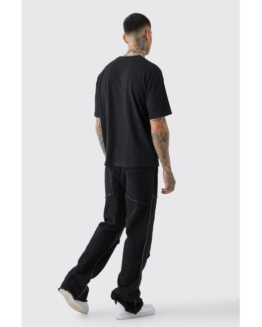 BoohooMAN Black Tall Fixed Waist Washed Relaxed Raw Edge Twill Flare Pants for men