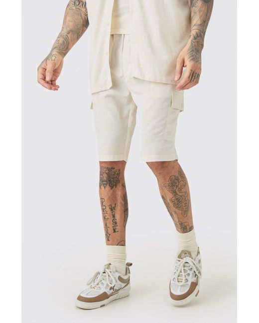 BoohooMAN Tall Elasticated Waist Relaxed Linen Cargo Shorts In Natural for men
