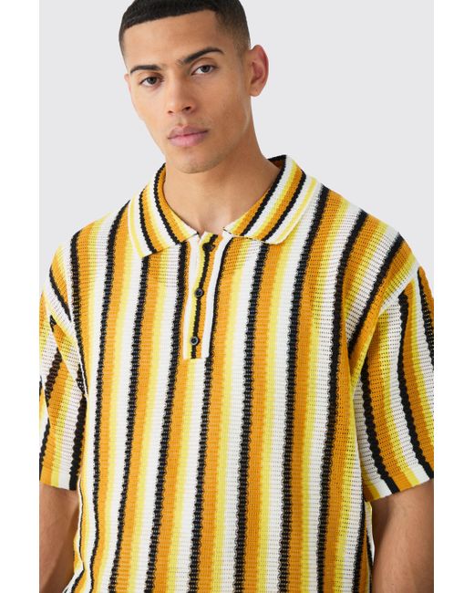 BoohooMAN Oversized Boxy Open Stitch Stripe Knit Polo In Yellow for men
