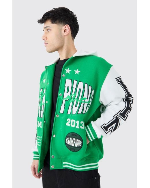 BoohooMAN Green Oversized Applique Basketball Jersey Varsity Jacket for men