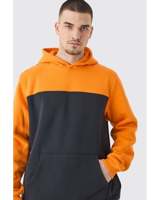 BoohooMAN Tall Colour Block Hoodie In Orange for men