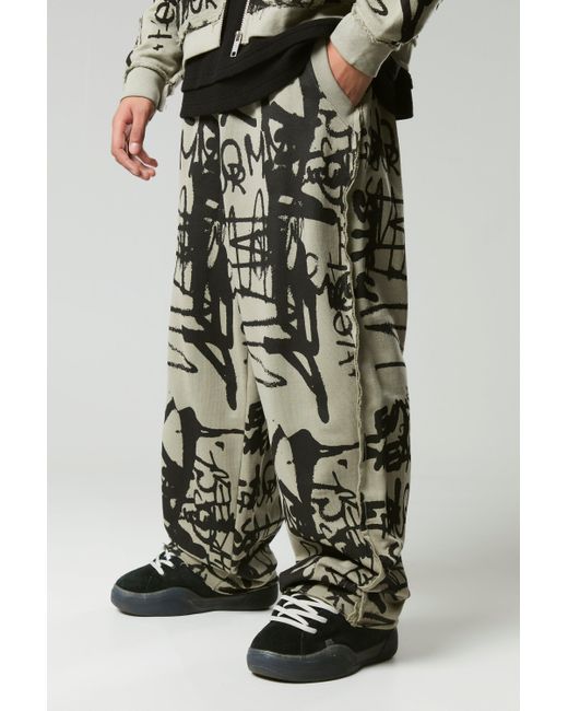 BoohooMAN Black Relaxed Wide Leg Graffiti Print Loopback Sweatpants for men