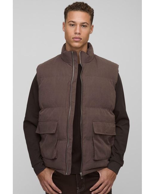 BoohooMAN Men's Brown Tall Boxy Faux Suede Funnel Neck Gilet