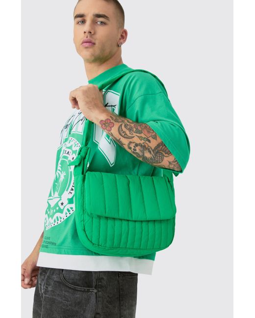 BoohooMAN Green Quilted Cross Body Satchel Bag for men